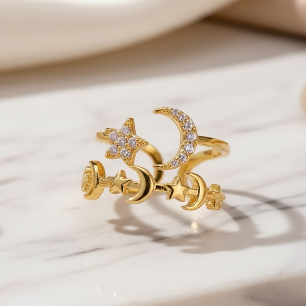 Celestial Charm Ring Perth Australia cosmic inspired gold stainless steel ring
