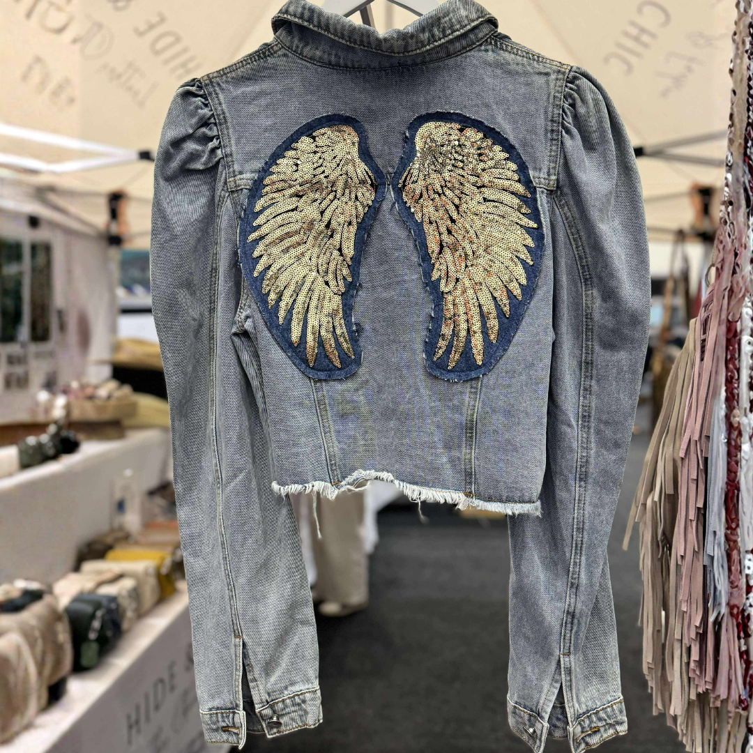 Chantelle Winged Denim Jacket – Cropped Fit with Long Puff Sleeves - Pre Order Item