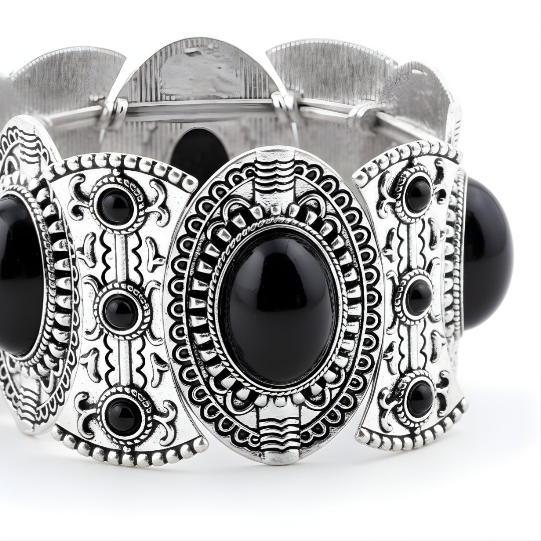 Luxury silver bracelet with engraved detailing and black stones Perth Australia House of Hide