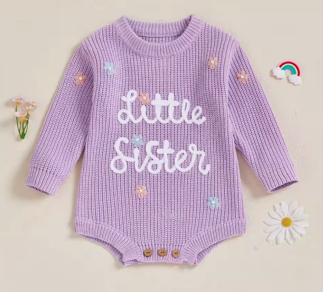 Close-up of floral detail on purple knit romper for baby girl in Australia