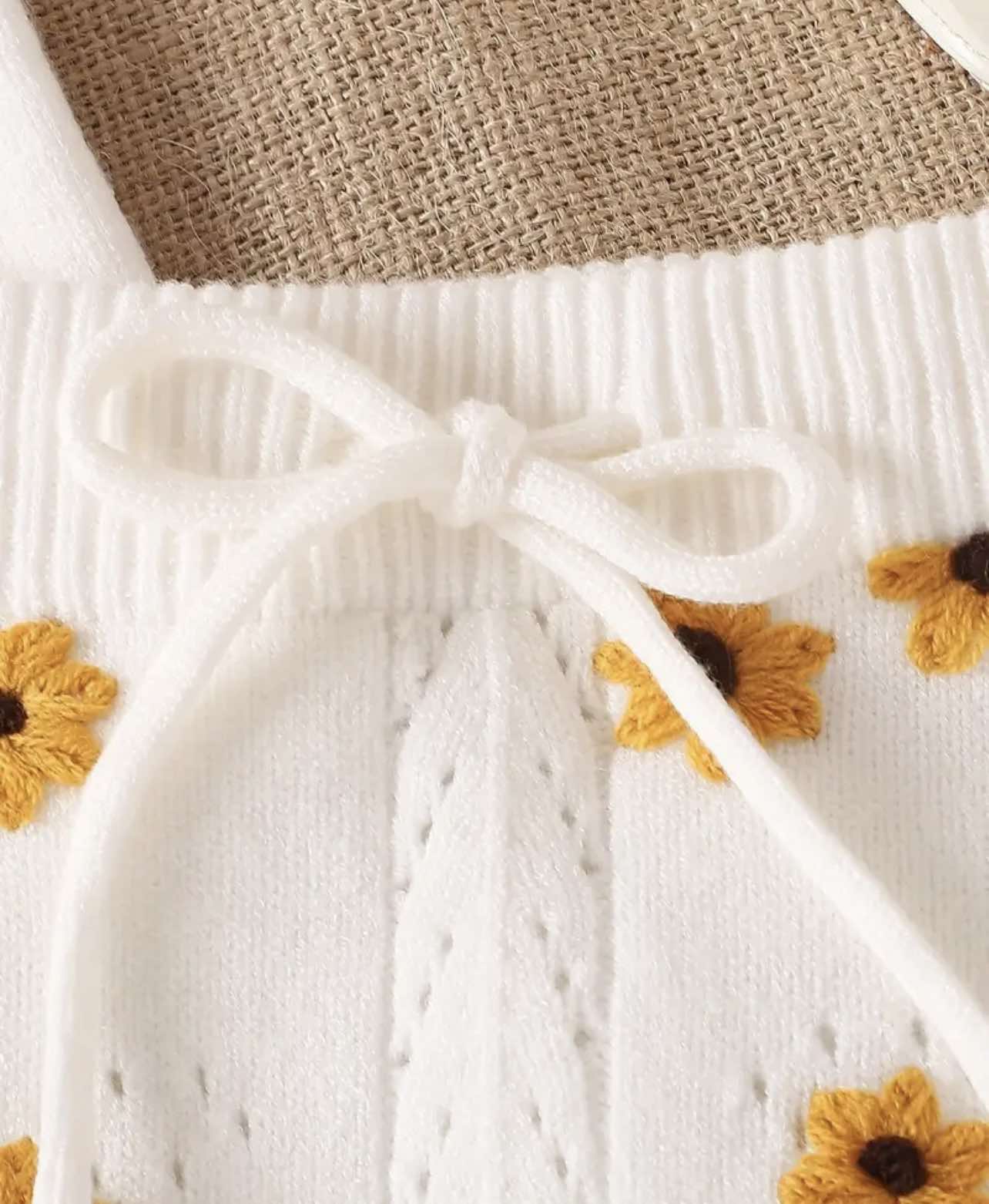 Close-up of the White Sunflower Knit Two-Piece Set with delicate sunflower embroidery, available in Australia shops.