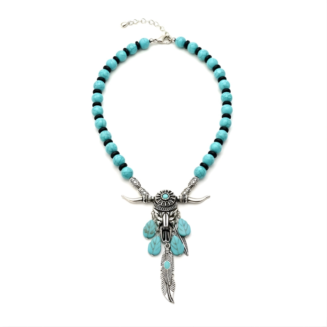 Coastal Dreamcatcher Necklace Perth Australia Houseofhide featuring turquoise beads and antique silver bull skull pendant.
