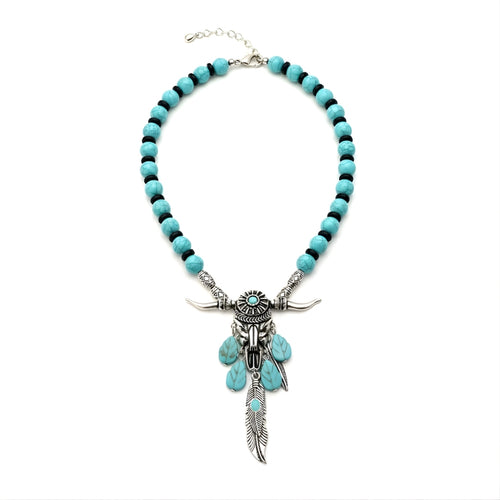 Coastal Dreamcatcher Necklace Perth Australia Houseofhide featuring turquoise beads and antique silver bull skull pendant.