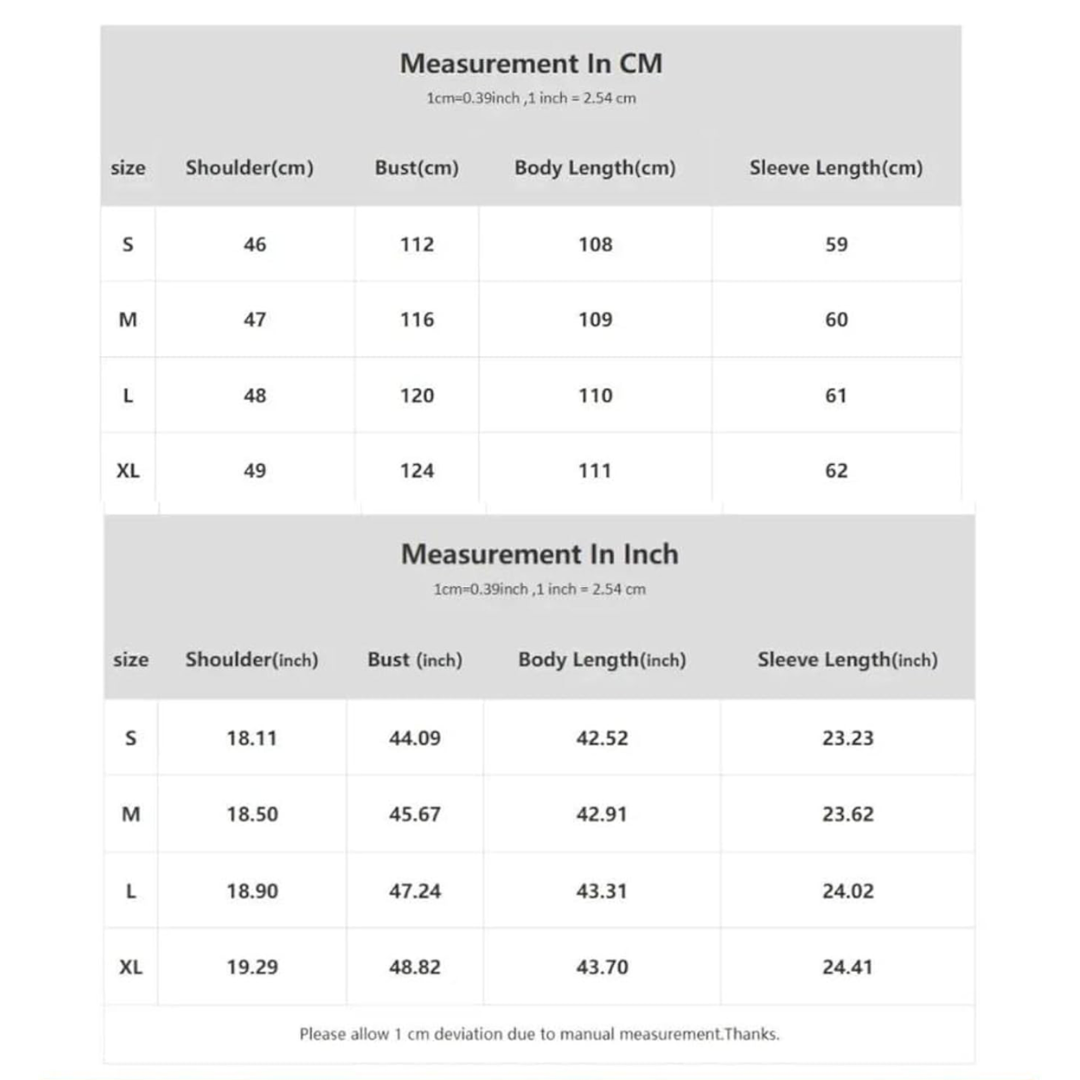 A size measurement chart showing dimensions in centimeters and inches for sizes S through XL, with columns for shoulder, bust, body length, and sleeve length.