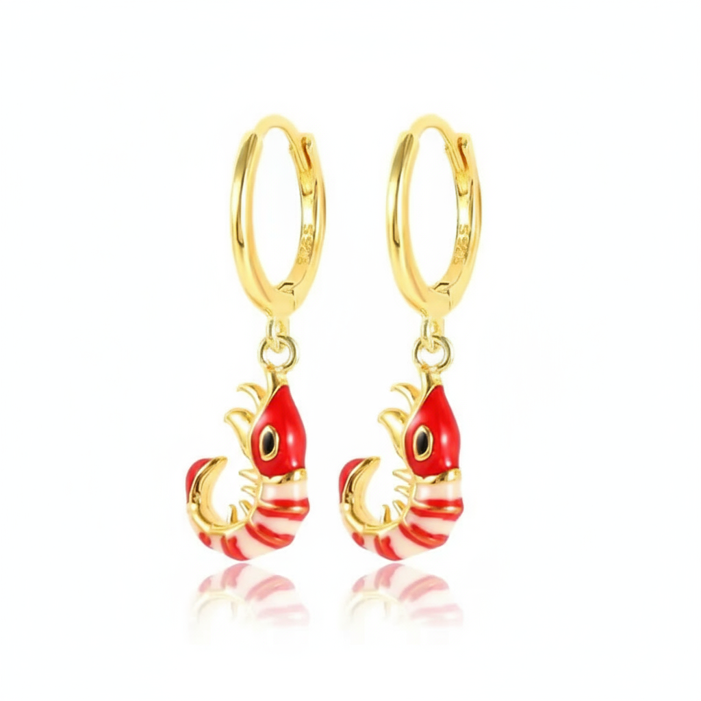 Coral Reef Shrimp Hoops Perth Australia House of Hide gold-tone red shrimp charm earrings