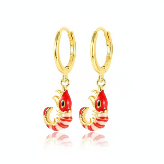 Coral Reef Shrimp Hoops Perth Australia House of Hide gold-tone red shrimp charm earrings
