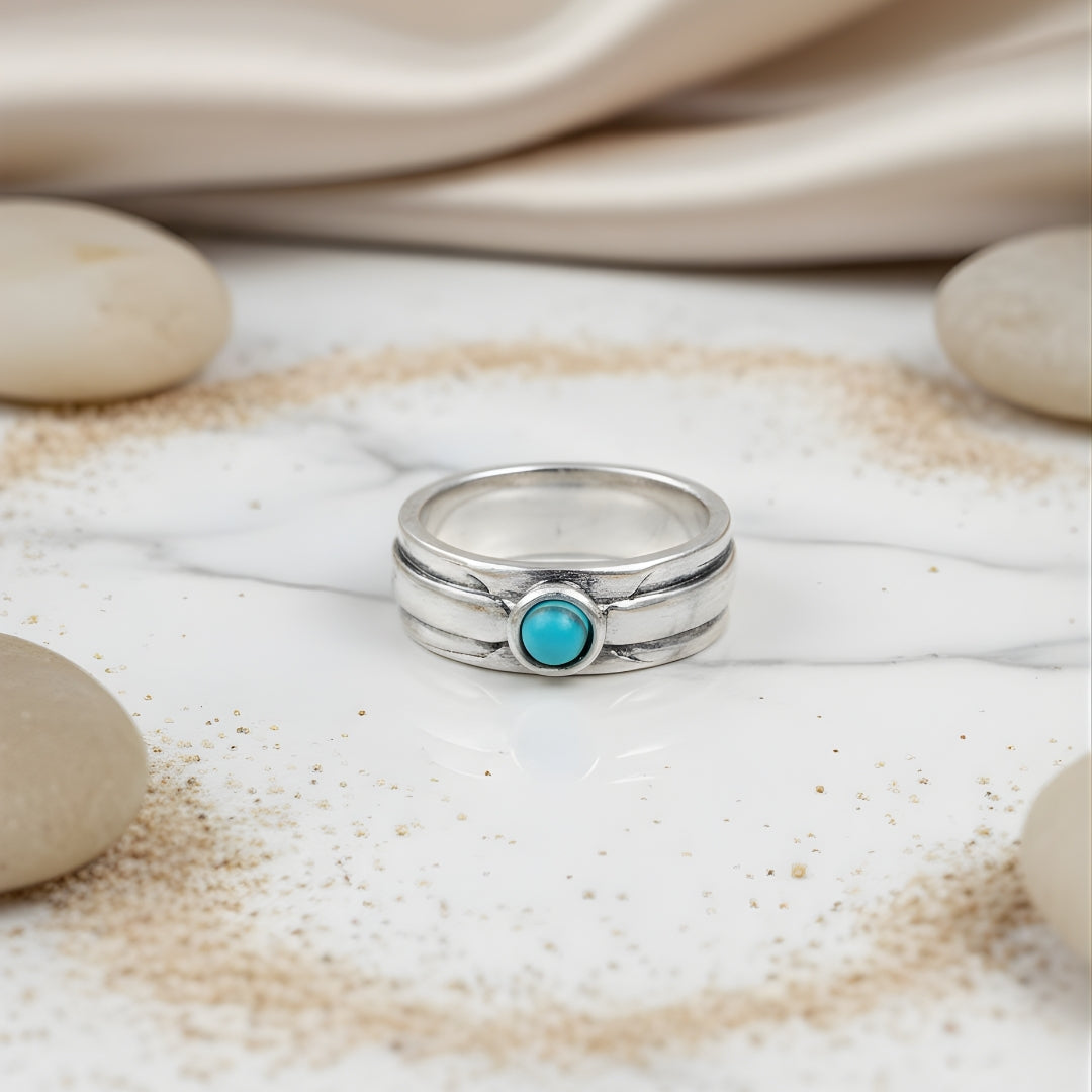 Coral Shoreline Ring Perth House of Hide turquoise gemstone silver band photographed on white background