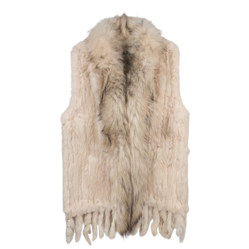 Cottontail Fur Vest from House of Hide in soft neutral beige real rabbit fur with plush raccoon fur collar, fringed hem detail, single button closure, sleeveless silhouette being displayed on neutral background as versatile layering piece for winter styling