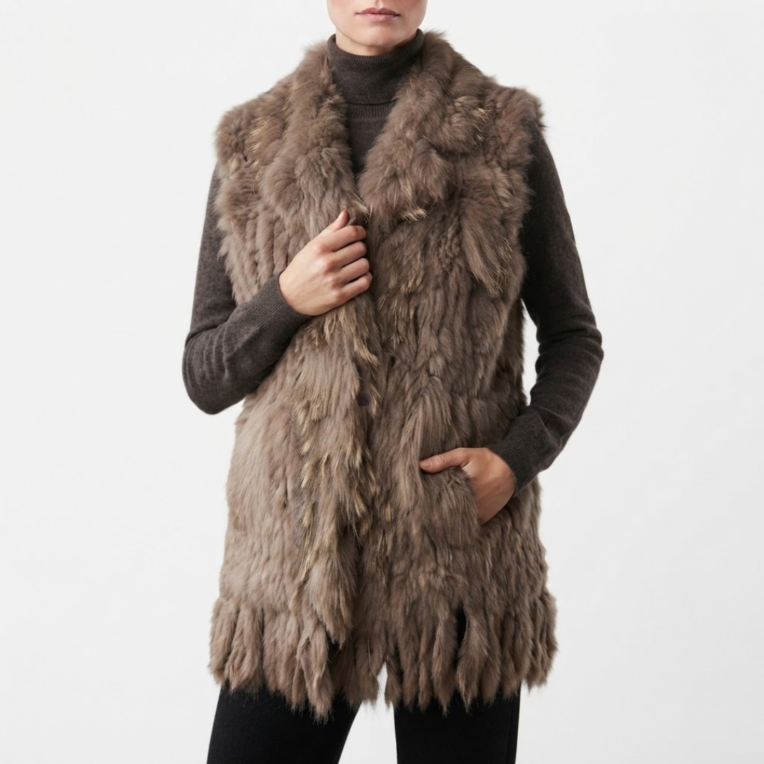 A woman wears Cottontail Fur Vest from House of Hide in soft earthy khaki 100% real rabbit fur with plush raccoon fur collar, fringed hem detail, single button closure, lightweight sleeveless silhouette, 62-63cm length being styled in editorial fashion photography over jumper as edgy winter layering piece