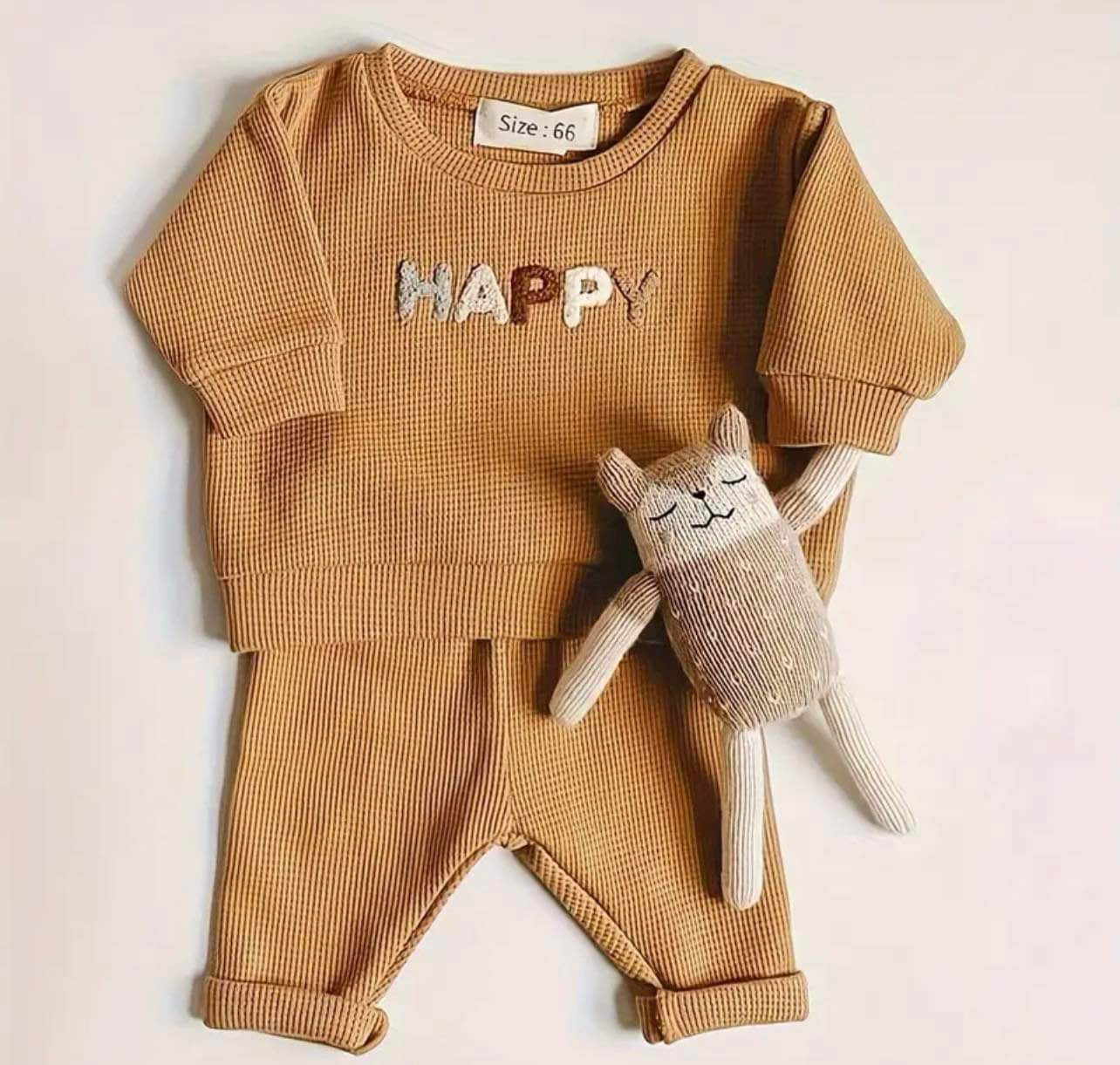 Cozy two-piece tracksuit set for toddlers, featuring a caramel sweatshirt and elastic waist pants with 'HAPPY' embroidery.