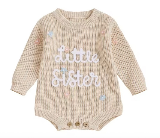 Cream baby girl romper with ‘Little Sister’ embroidery – newborn outfit Australia