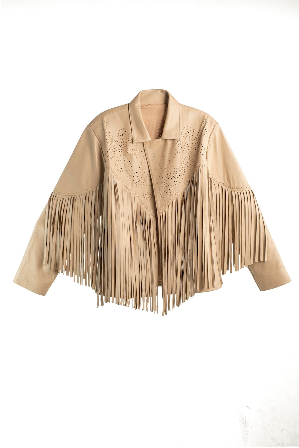 Cream leather jacket for women with relaxed fit and minimalist design