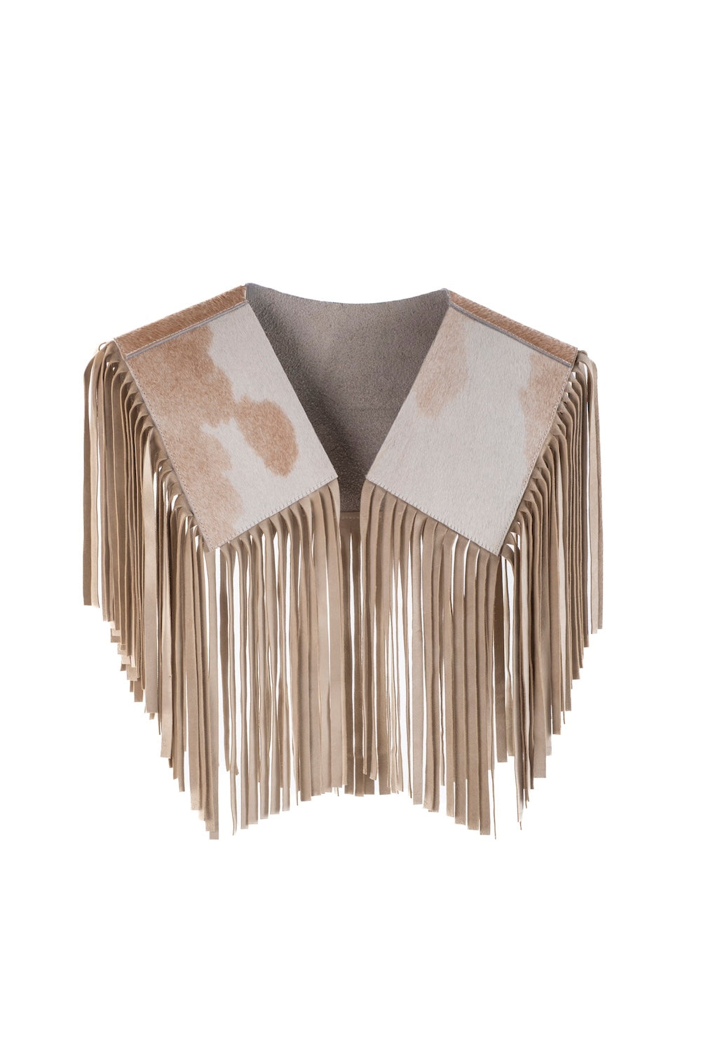 Cropped cowhide fringe bolero with western silhouette and hand-cut leather fringe, styled in Australian rodeo fashion.