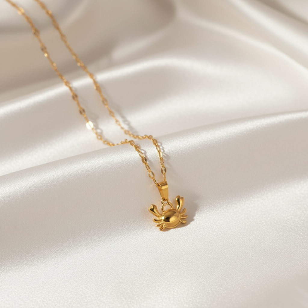 Elegant CrystaCrab Charm Necklace from House of Hide, capturing playful coastal charm and modern sophistication.
