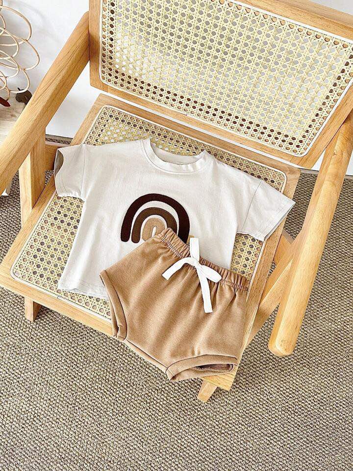 Cute Baby Boy Summer Outfit: Beige Rainbow Patchwork Set 
