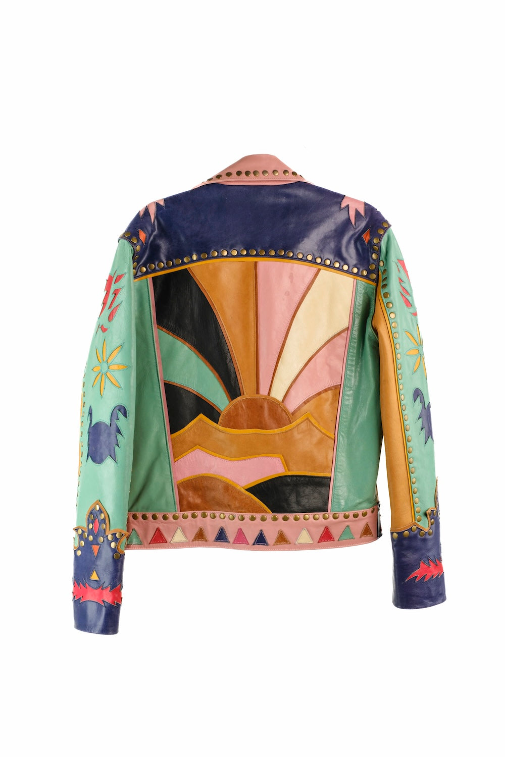 Colourful patch leather jacket for women with vintage and boho influences Free people jacket