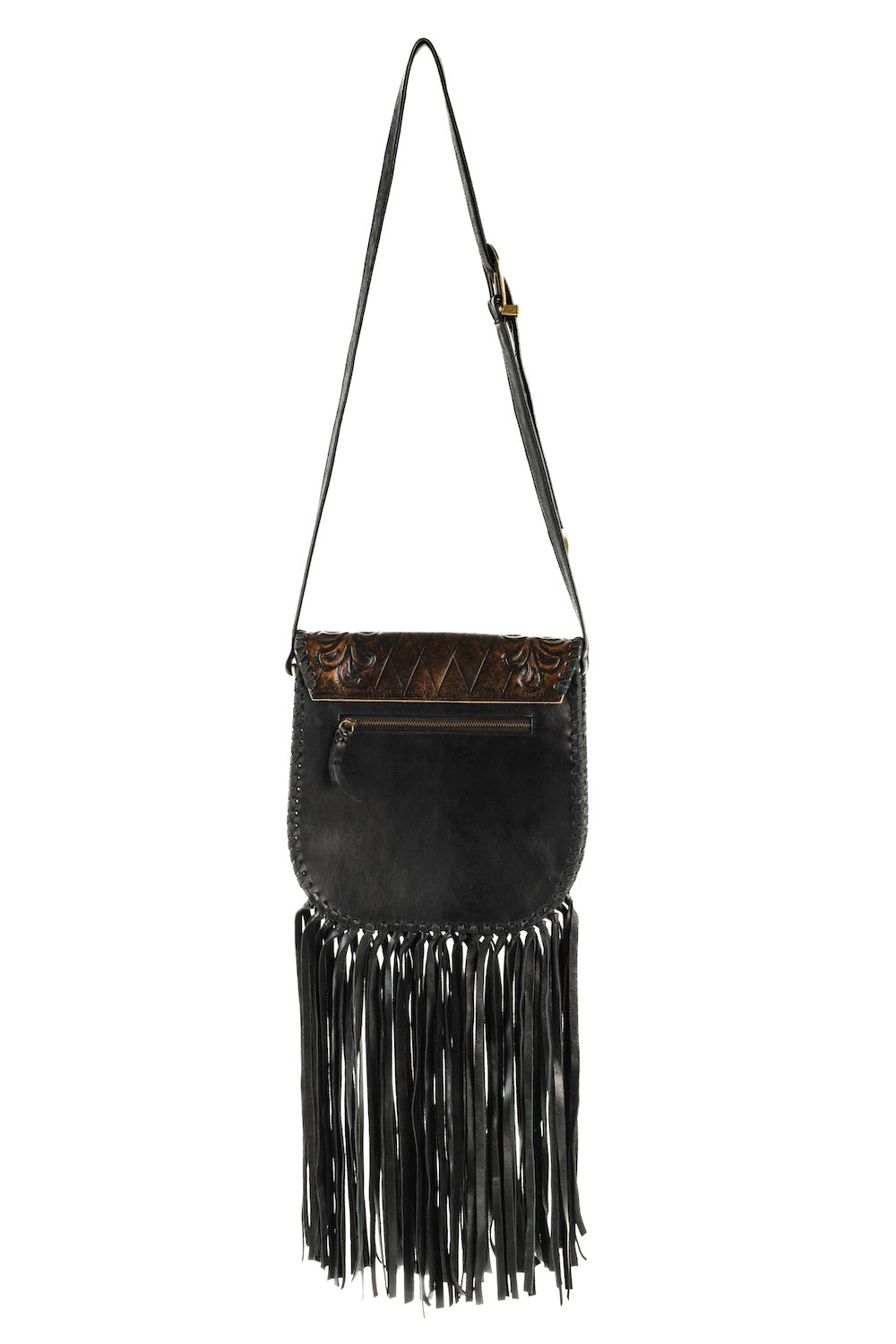 Black fringe handbag with gold accents on a white background