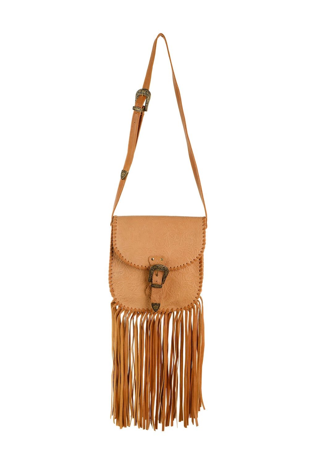 Beige crossbody bag with fringe details on a white background