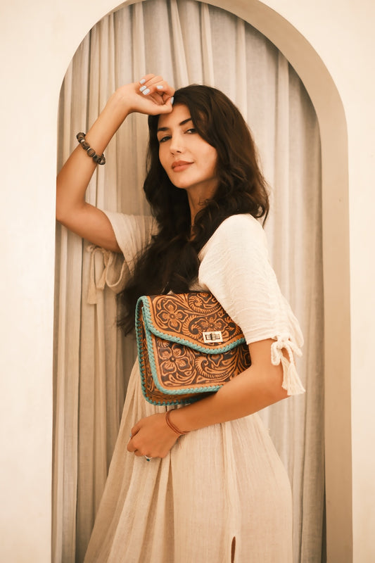 Westerly Leather Clutch | Aqua Woven Edge
