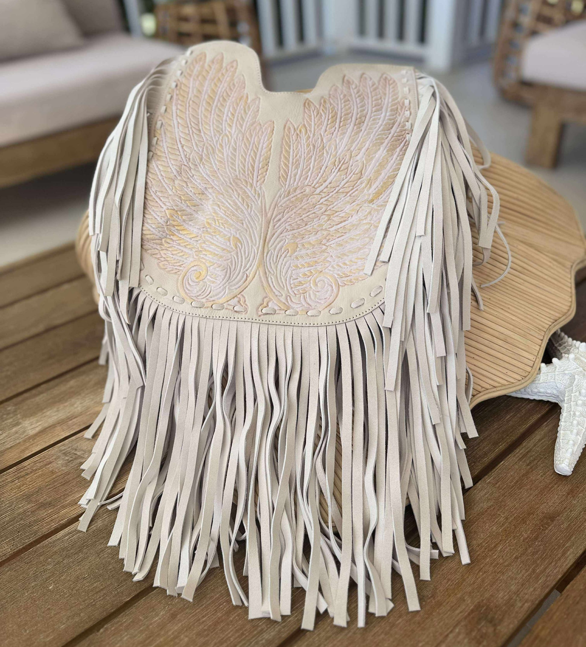 Chantelle Patu styling the Dakota fringe boho leather bag – Western handbag by House of Hide, handmade in Australia Cream colourway