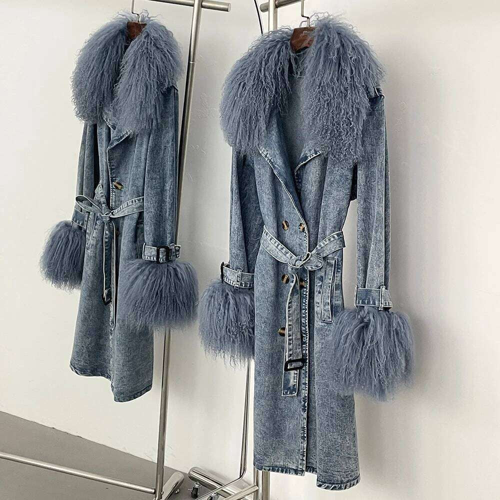 Denim Trench Coat from House of Hide in acid-wash denim with luxe plush faux fur collar and cuffs for added warmth and texture, tie belt waist cinch, button closures, long relaxed fit suitable for office, casual or evening wear