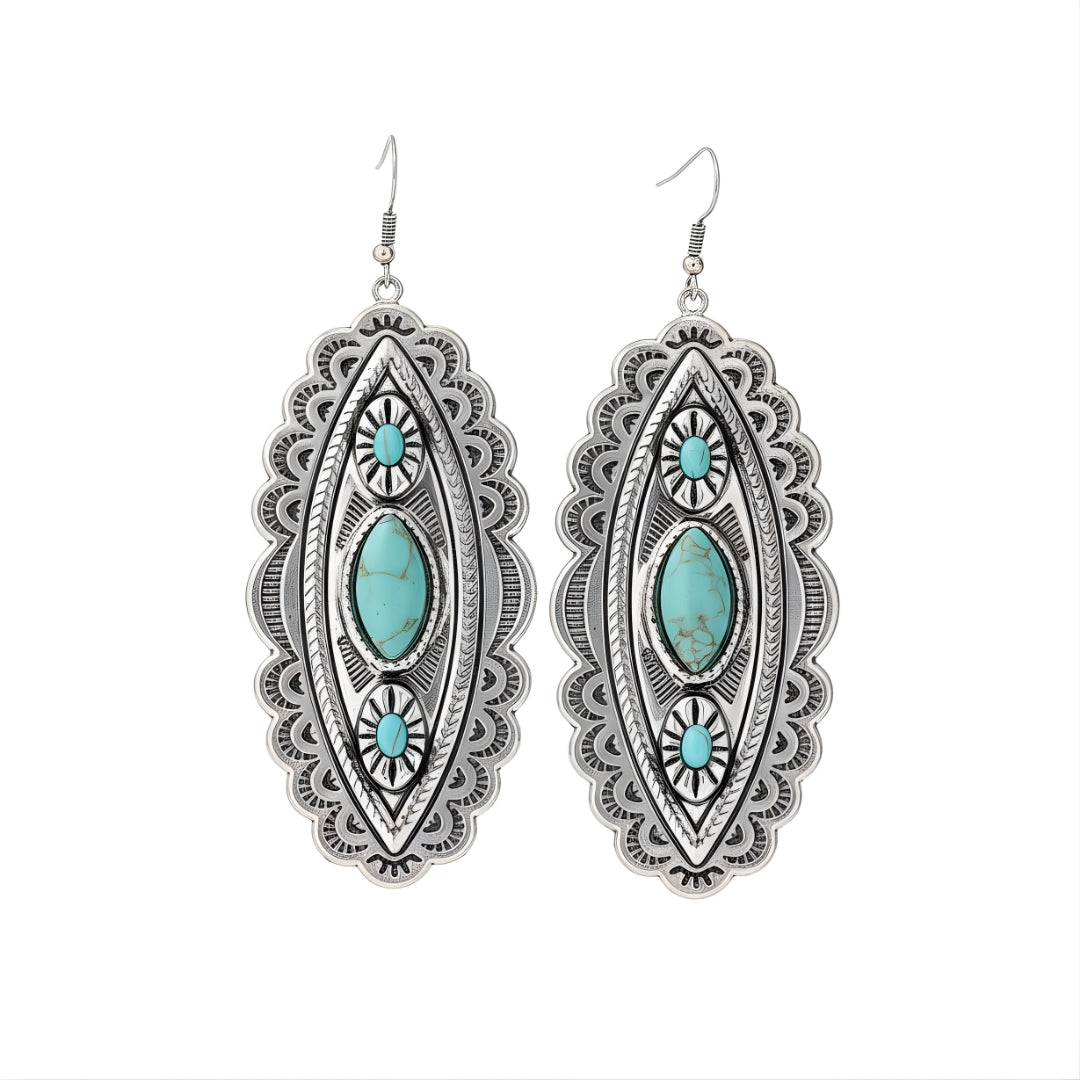 Desert Jewel Drops Earrings Perth Australia House of Hide turquoise stone earrings with silver detailing on white background