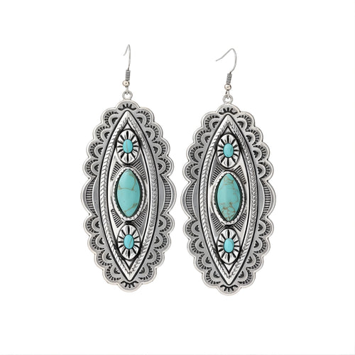 Desert Jewel Drops Earrings Perth Australia House of Hide turquoise stone earrings with silver detailing on white background
