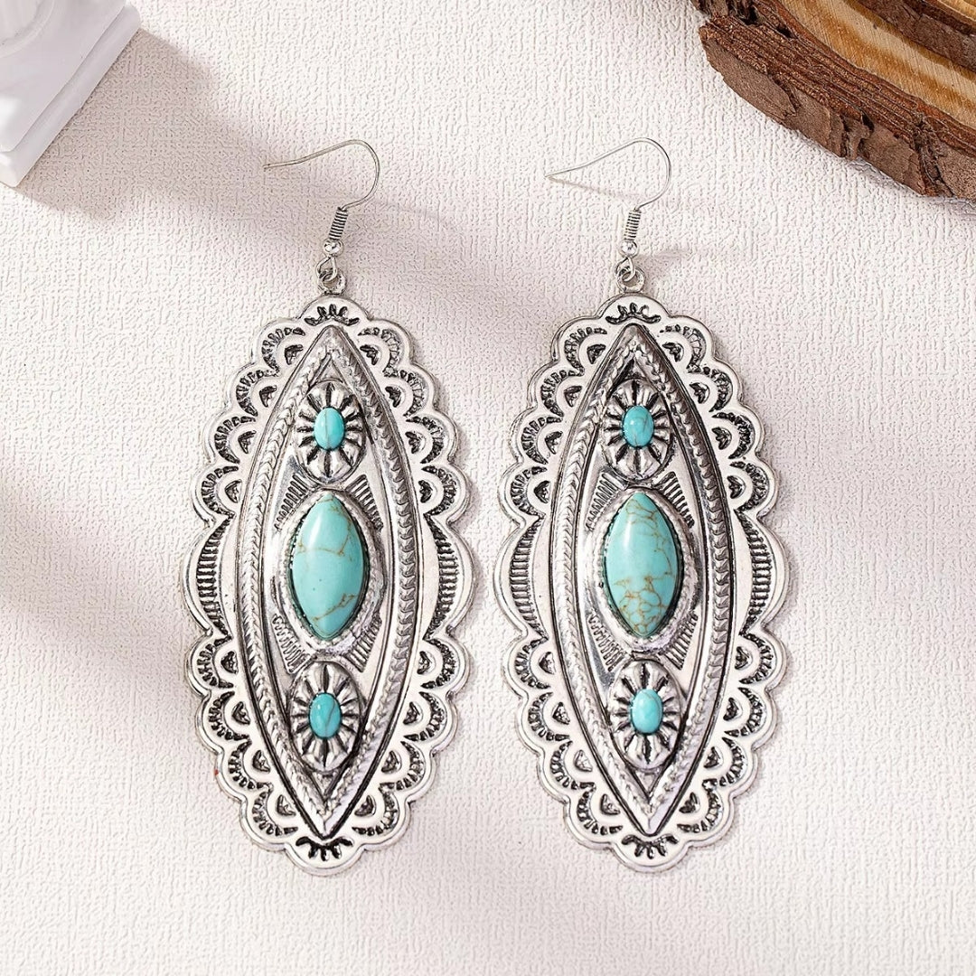 Desert Jewel Drops Earrings featuring turquoise stones and intricate silver accents Perth jewellery.