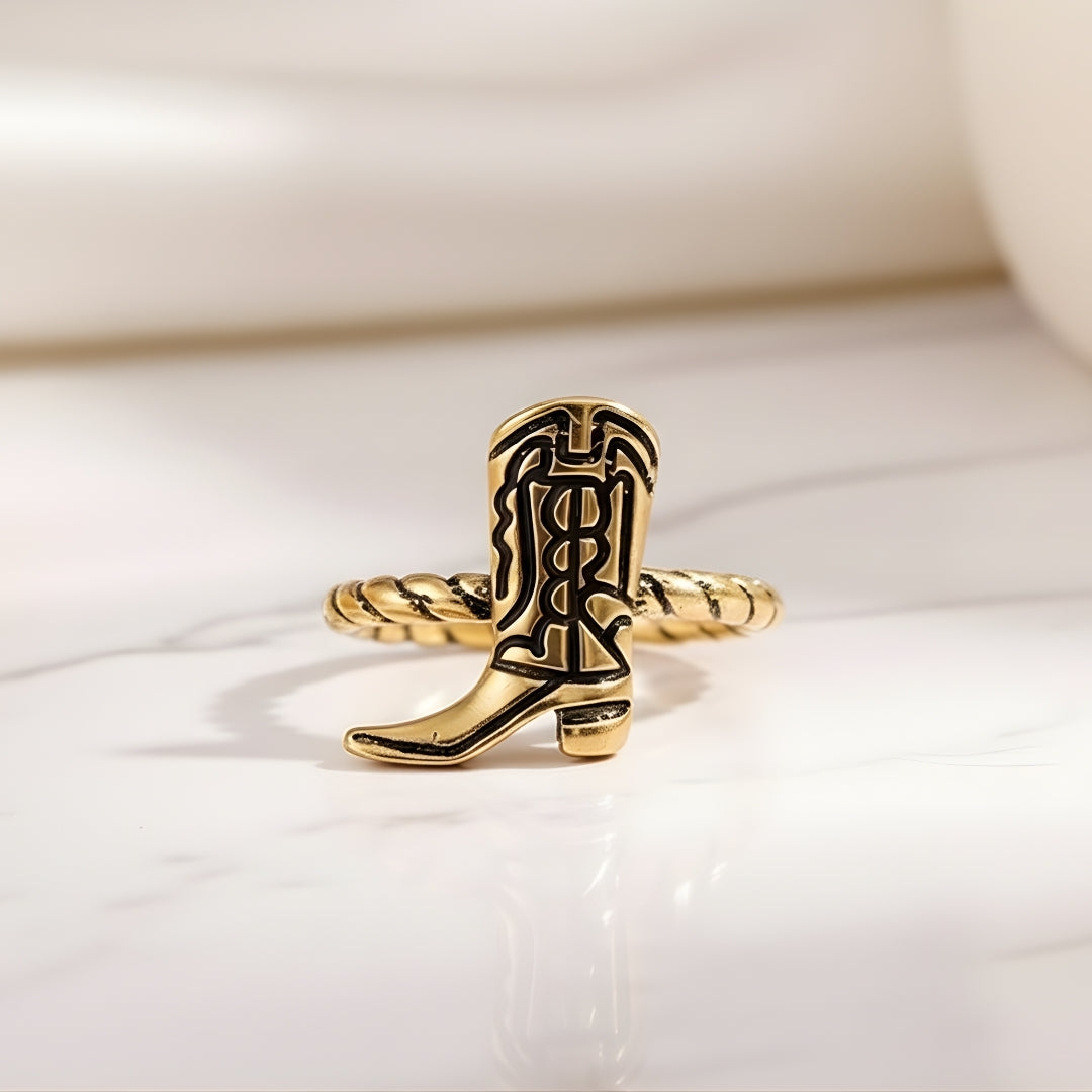 Stylish gold cowboy boot motif ring Perth Australia House of Hide product photo