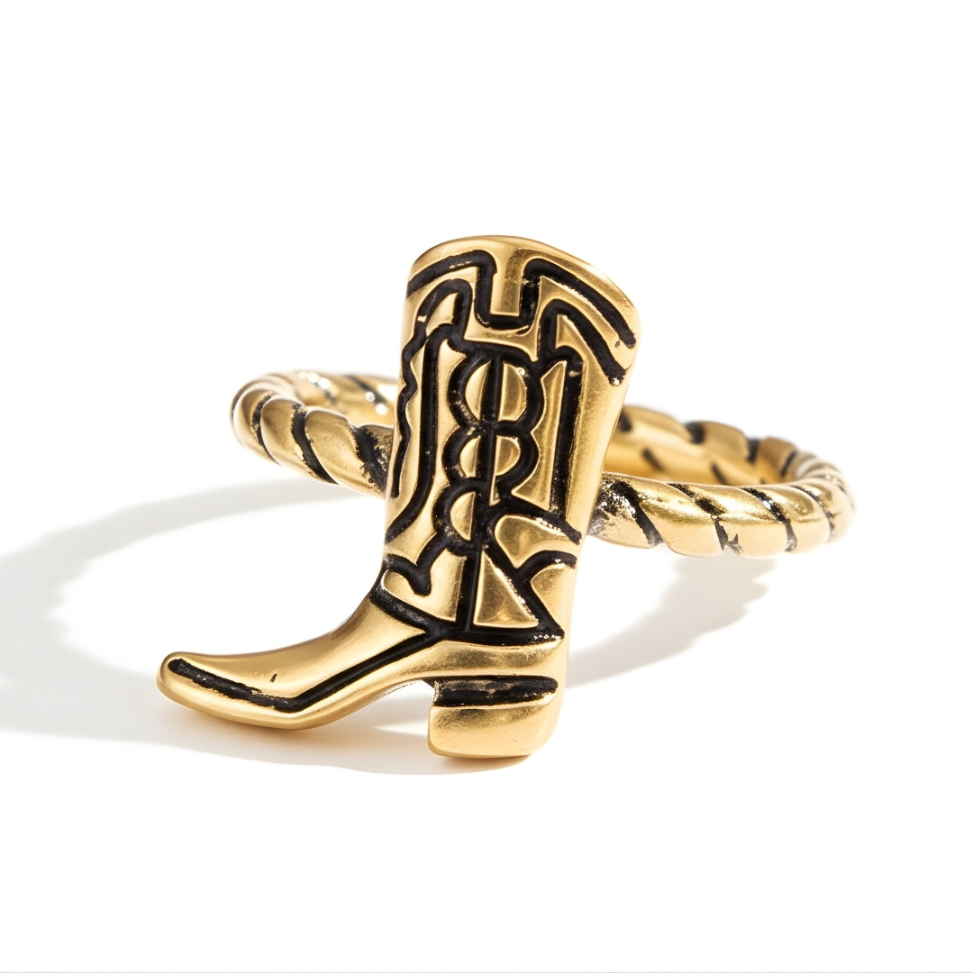 Desert Oasis Ring Perth Australia House of Hide gold ring with cowboy boot design on white background