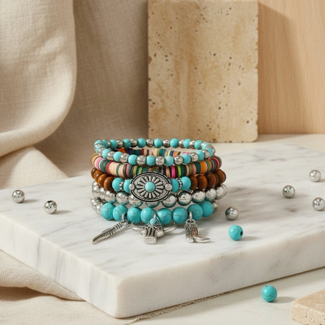 Vibrant stack of beaded bracelets with silver and gold charms Perth Australia House of Hide