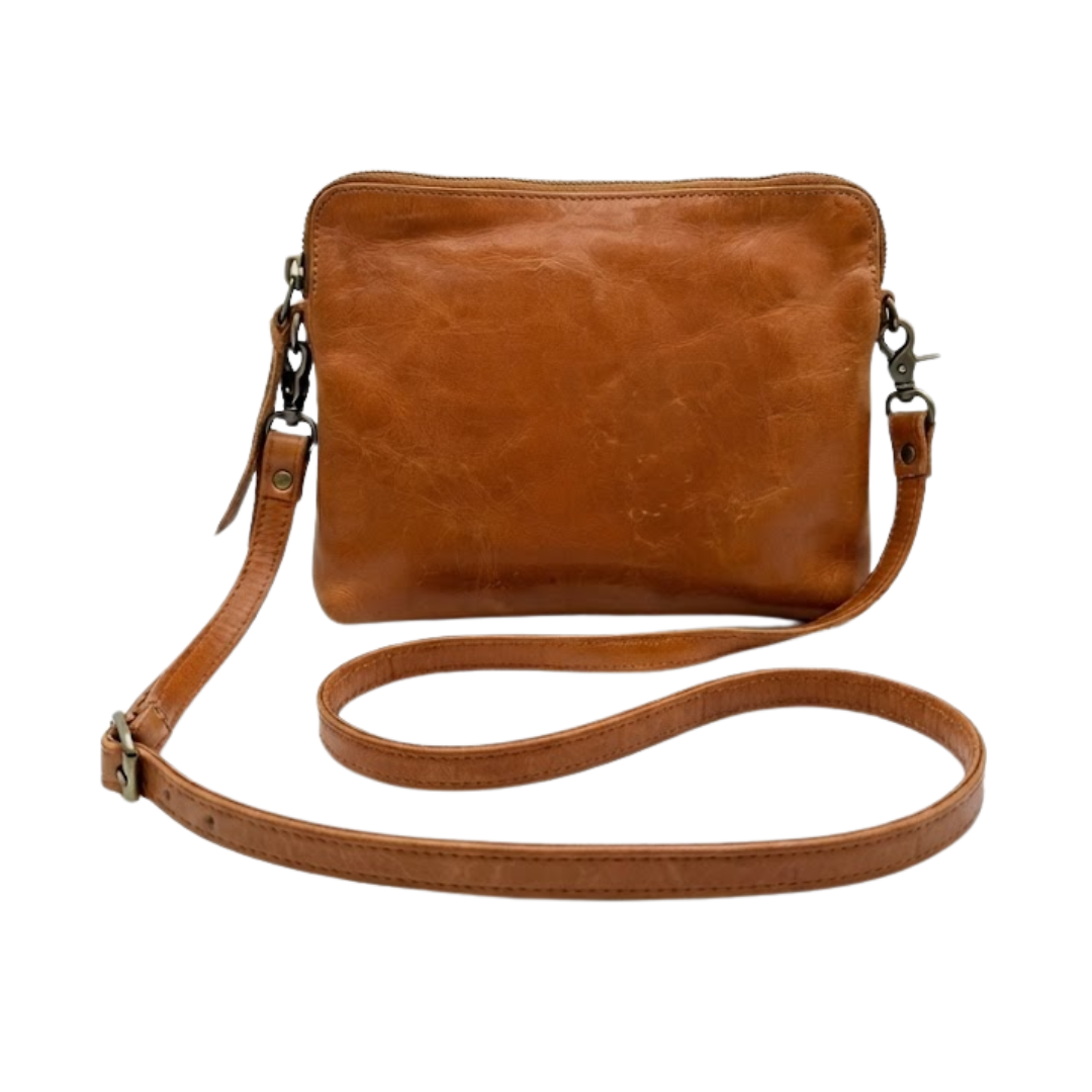 A brown leather crossbody bag with a matching adjustable shoulder strap, displayed on a clean white background.