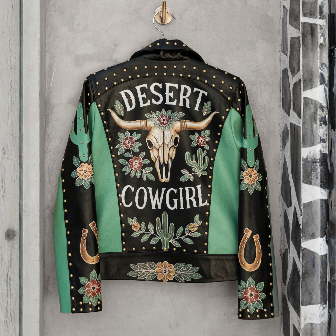 Back of The Desert Cowgirl Jacket by House of Hide featuring hand-painted longhorn skull, desert flowers, cacti, turquoise leather panels and antique brass stud detailing.