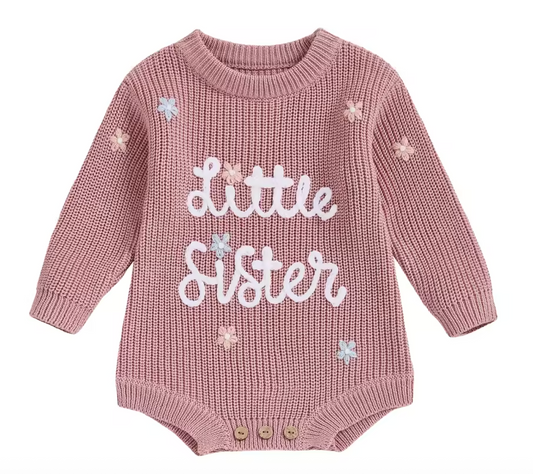 Dusty pink baby girl romper with ‘Little Sister’ embroidery – newborn outfit Australia