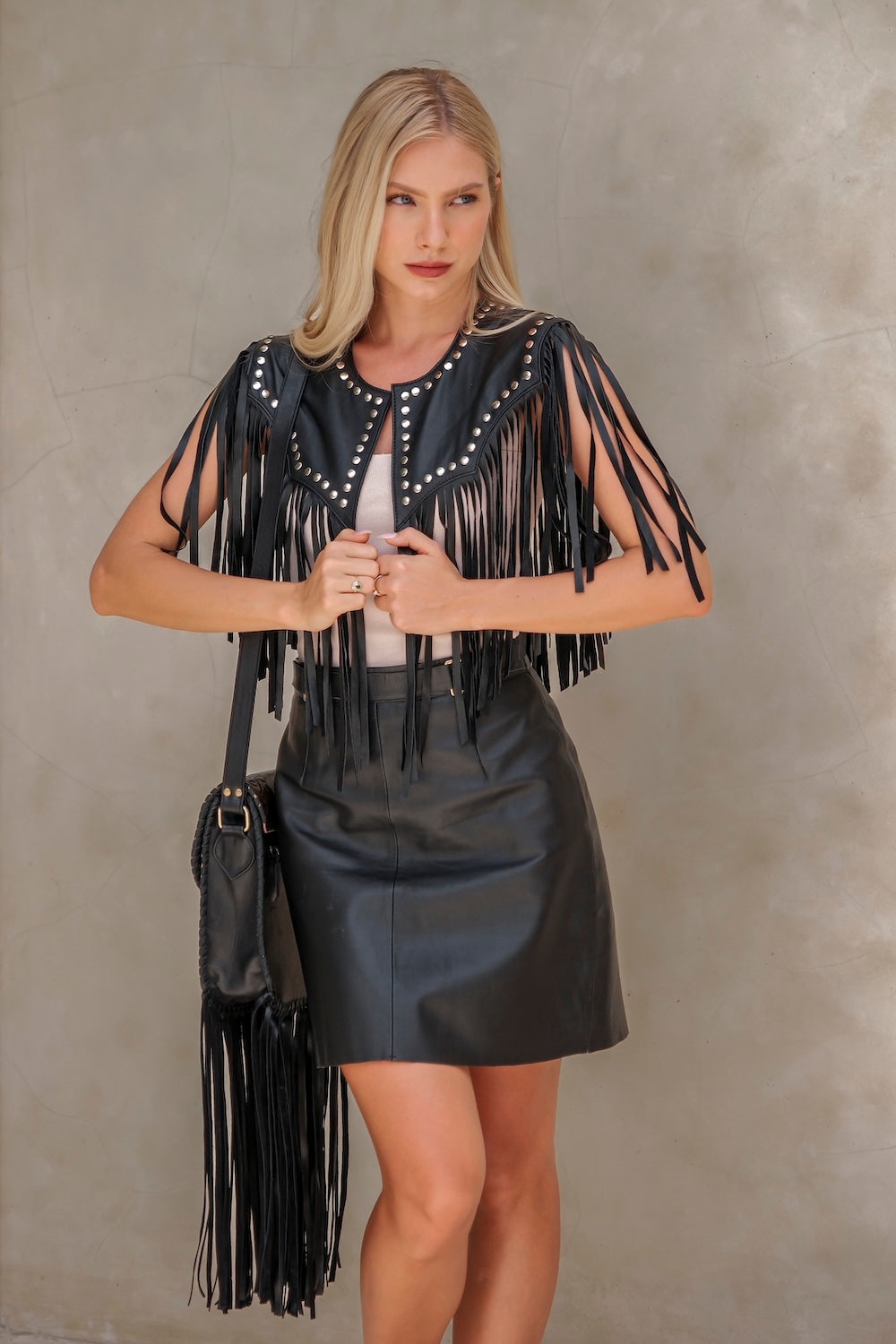 Western-style leather bolero with hand-cut fringe – Rodeo outfits Australia womens plus size