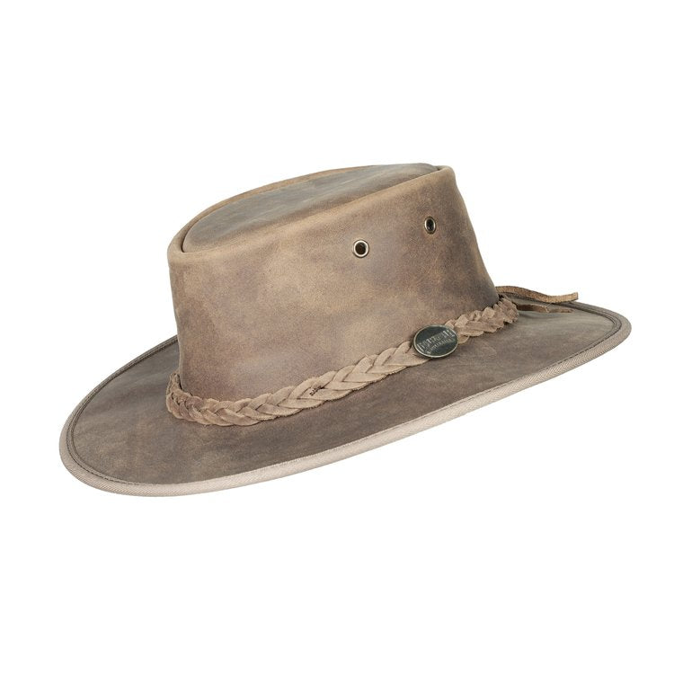 Close-up of Barmah Foldaway Bronco Hat in Hickory full-grain leather with a rugged finish – highlighting the natural, textured look and weather-resistant qualities.