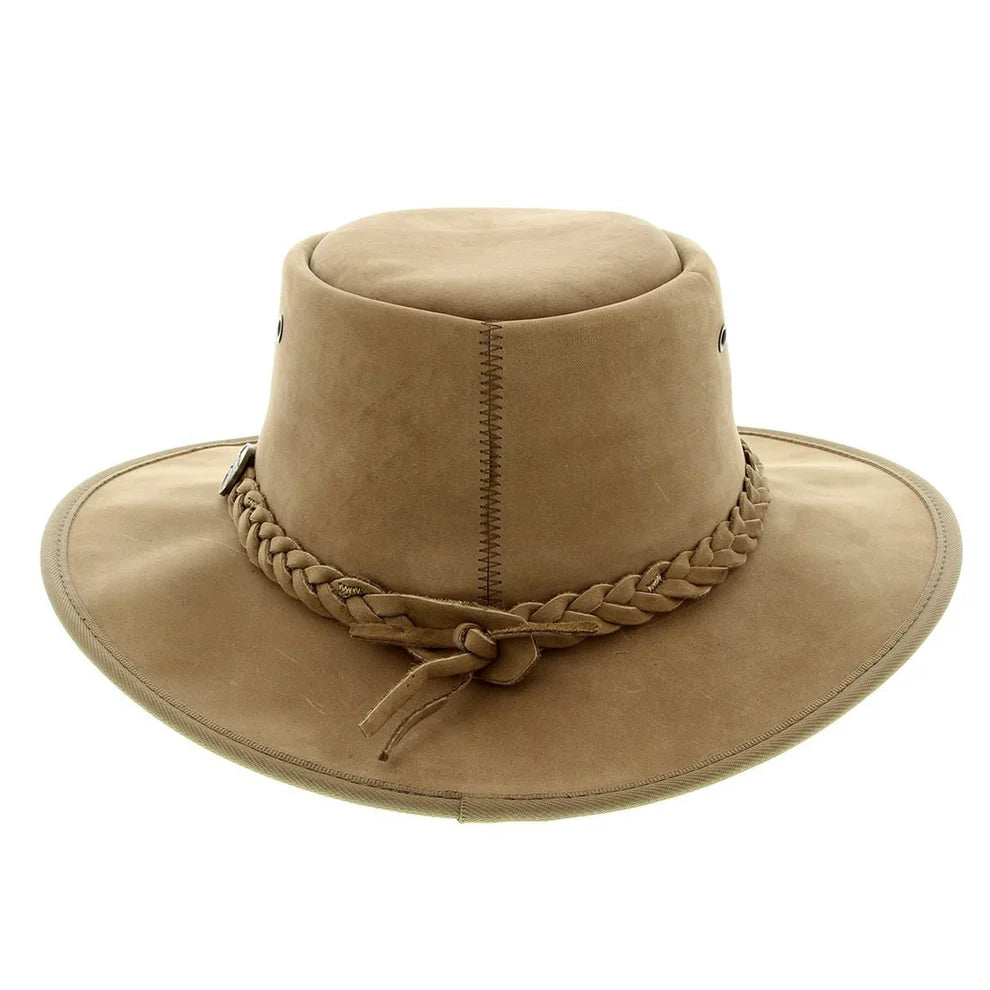 Side profile of Barmah Bronco Hat in Hickory with matching leather hat band – focusing on the premium leather craftsmanship and flexibility for comfortable wear.