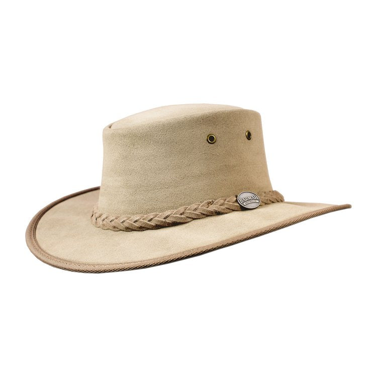 Foldaway Suede Hat in Mocca with a plaited hat band, crafted from cattle suede leather for durability and lightweight comfort.
