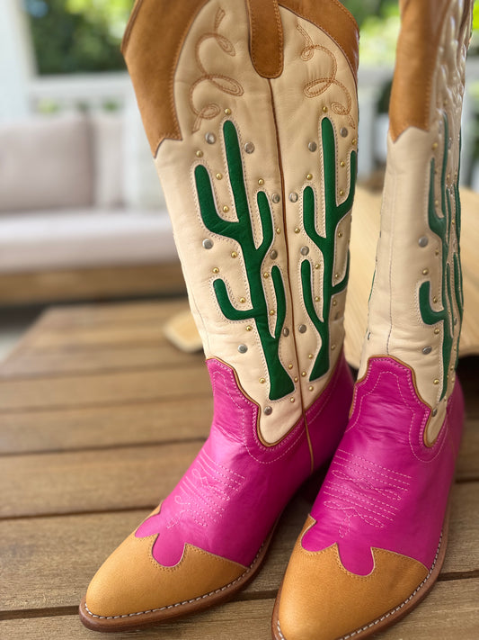 Cactus Leather Cowgirl Boots | Pink and Tan