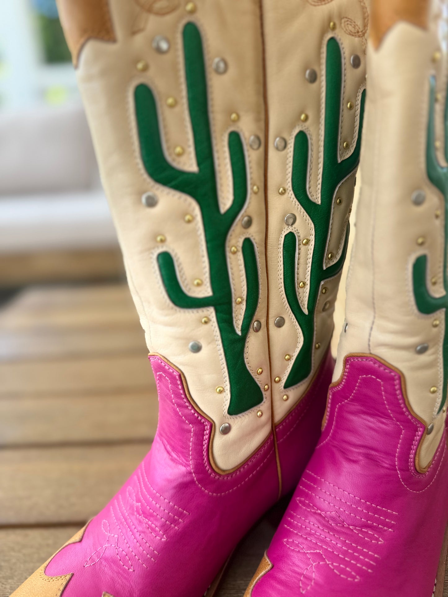 Cactus Leather Cowgirl Boots | Pink and Tan