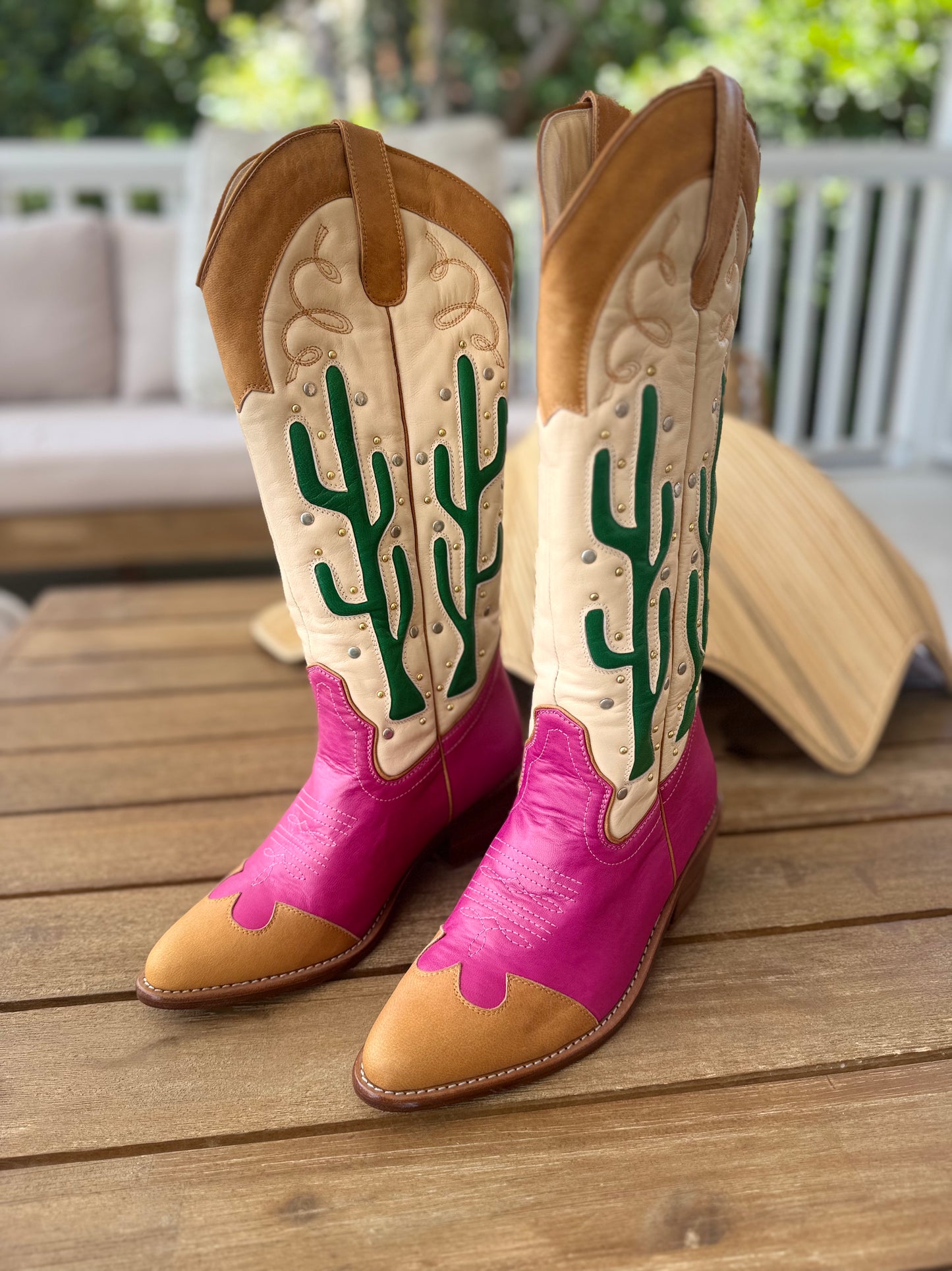 Cactus Leather Cowgirl Boots | Pink and Tan