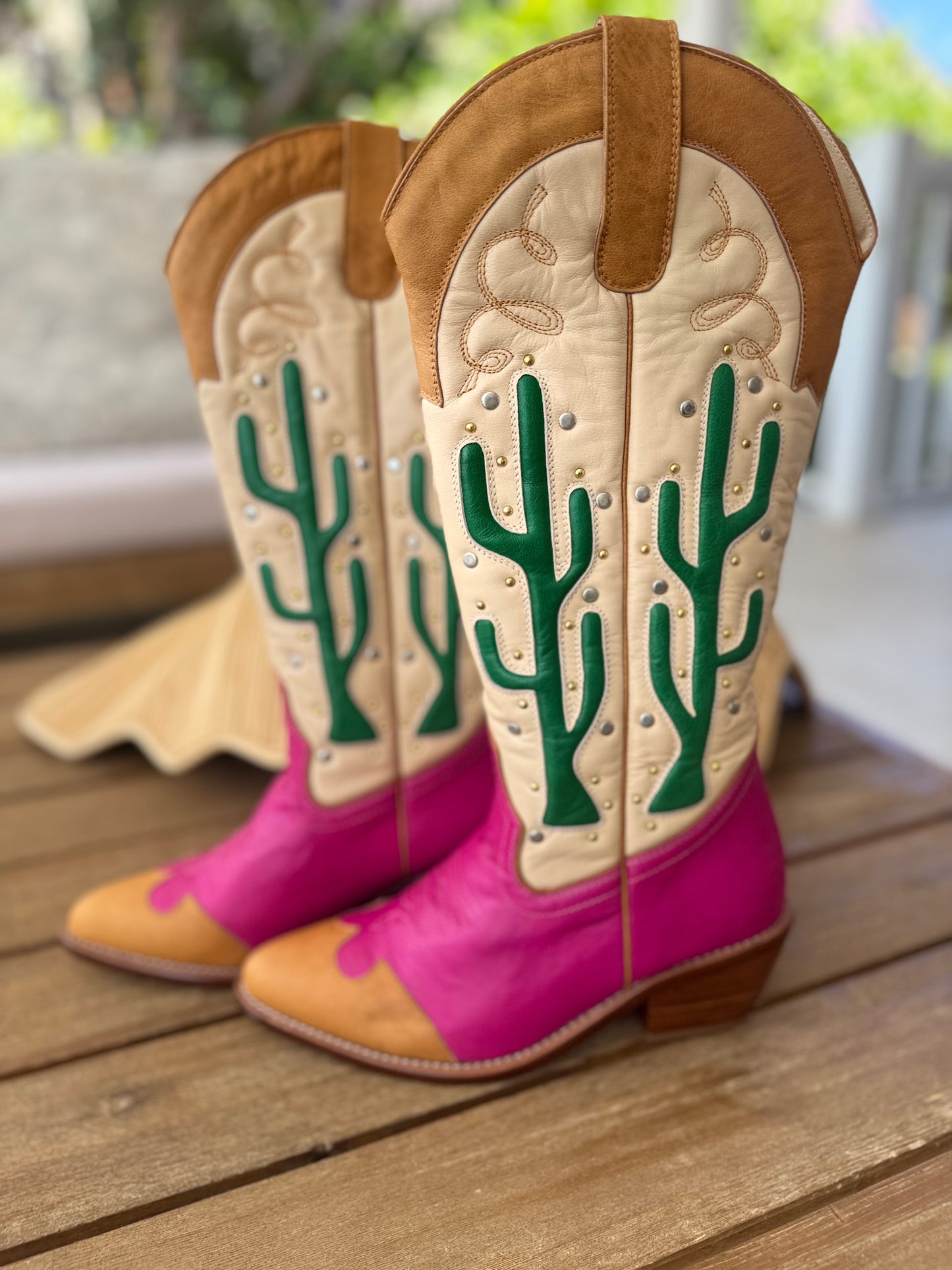Cactus Leather Cowgirl Boots | Pink and Tan