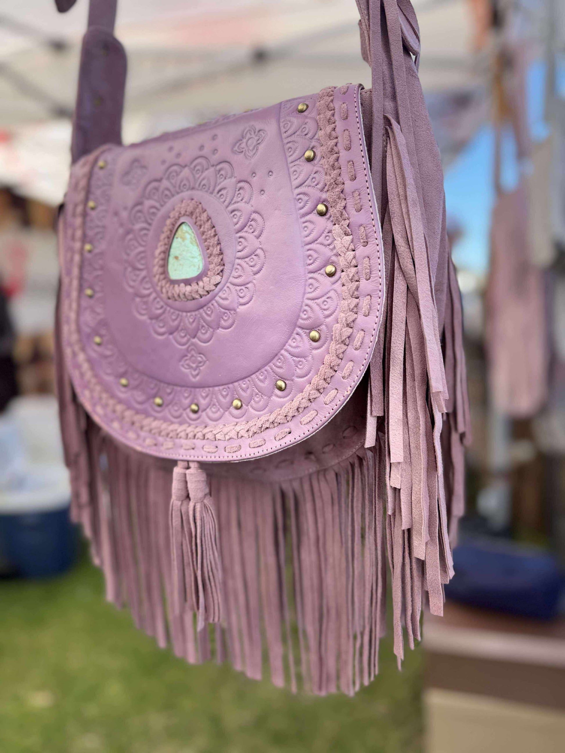 Genuine leather tooled bag in dusty pink – handcrafted crossbody for free-spirited style