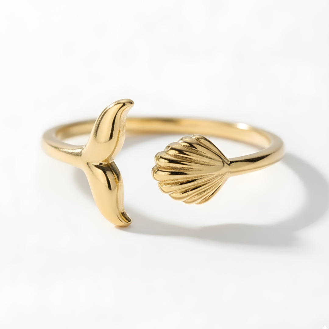 Gold Byron Mermaid Ring Perth Australia House of Hide gold stainless steel open ring with shell and fish tail design