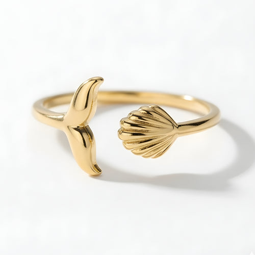 Gold Byron Mermaid Ring Perth Australia House of Hide gold stainless steel open ring with shell and fish tail design