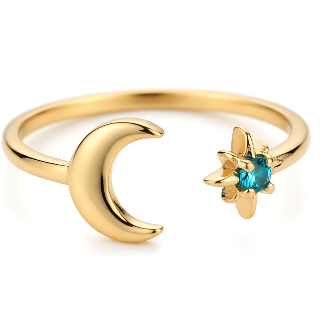 Close-up of Gold Coral Moon Ring Perth Australia Houseofhide showing blue gemstone and handcrafted open band design.