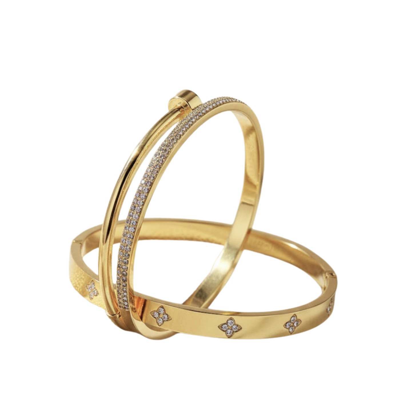 Elegant Gold Tropic Duo Bracelets Perth Australia Houseofhide displayed on a reflective surface highlighting polished gold shine.