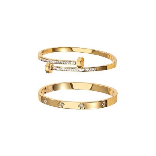 Gold Tropic Duo Bracelets Perth Australia Houseofhide featuring two gold stainless steel bracelets with coastal-inspired design. Cartier style braclet