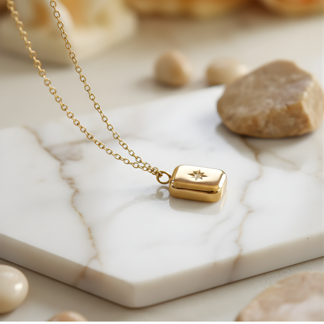 Gold rectangular pendant necklace Perth Australia House of Hide minimalist jewellery design