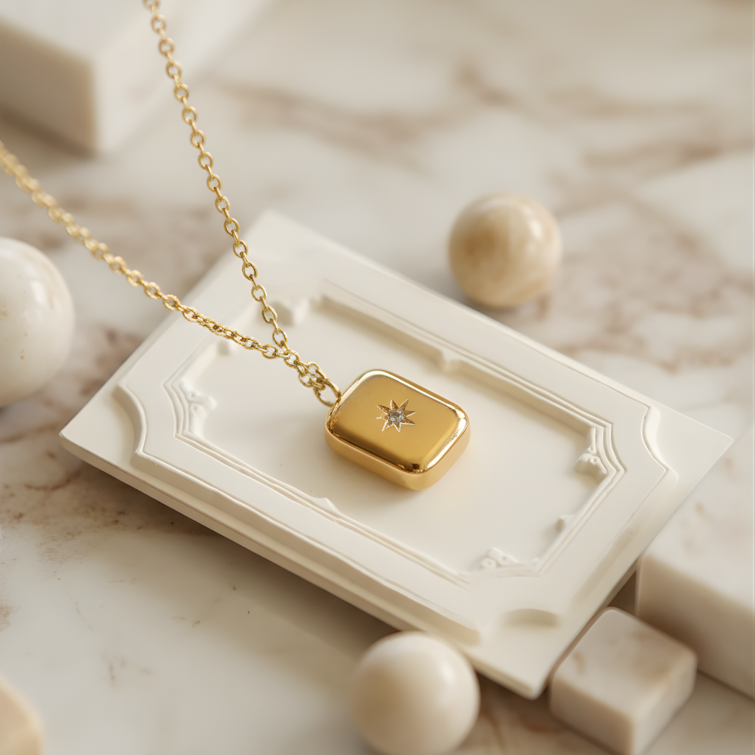 Gold charm necklace Perth Australia House of Hide featuring engraved star detail